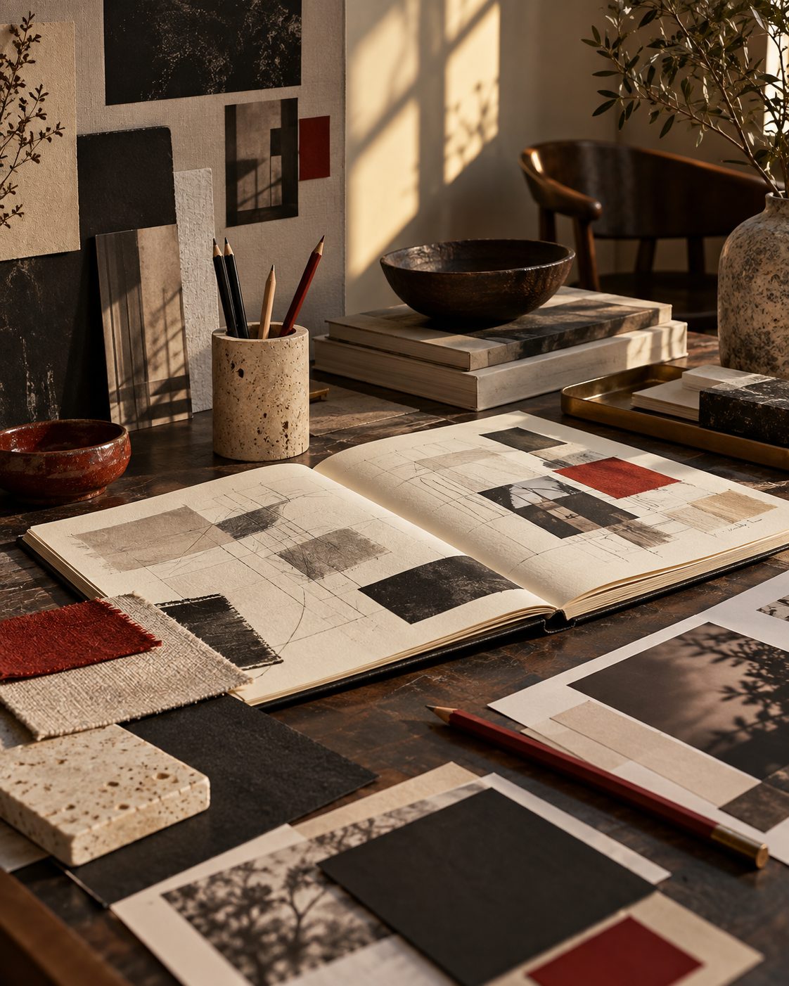 A design studio desk with sketches, material samples, and warm light