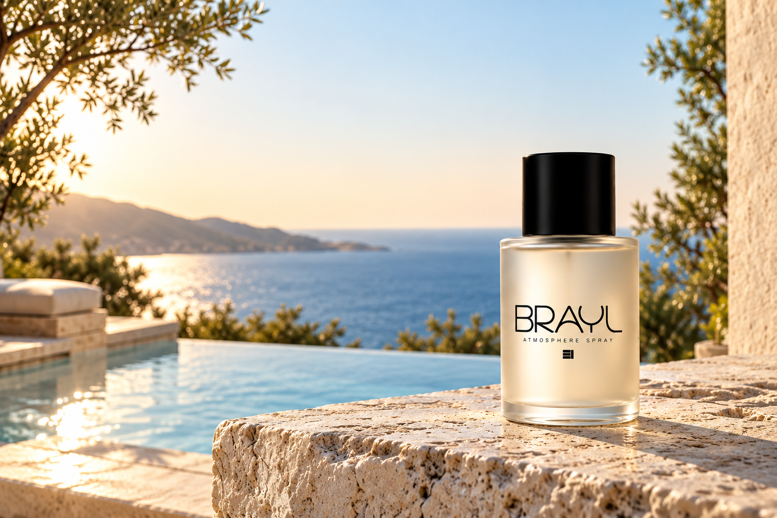 BRAYL frosted glass atmosphere spray bottle on coastal limestone