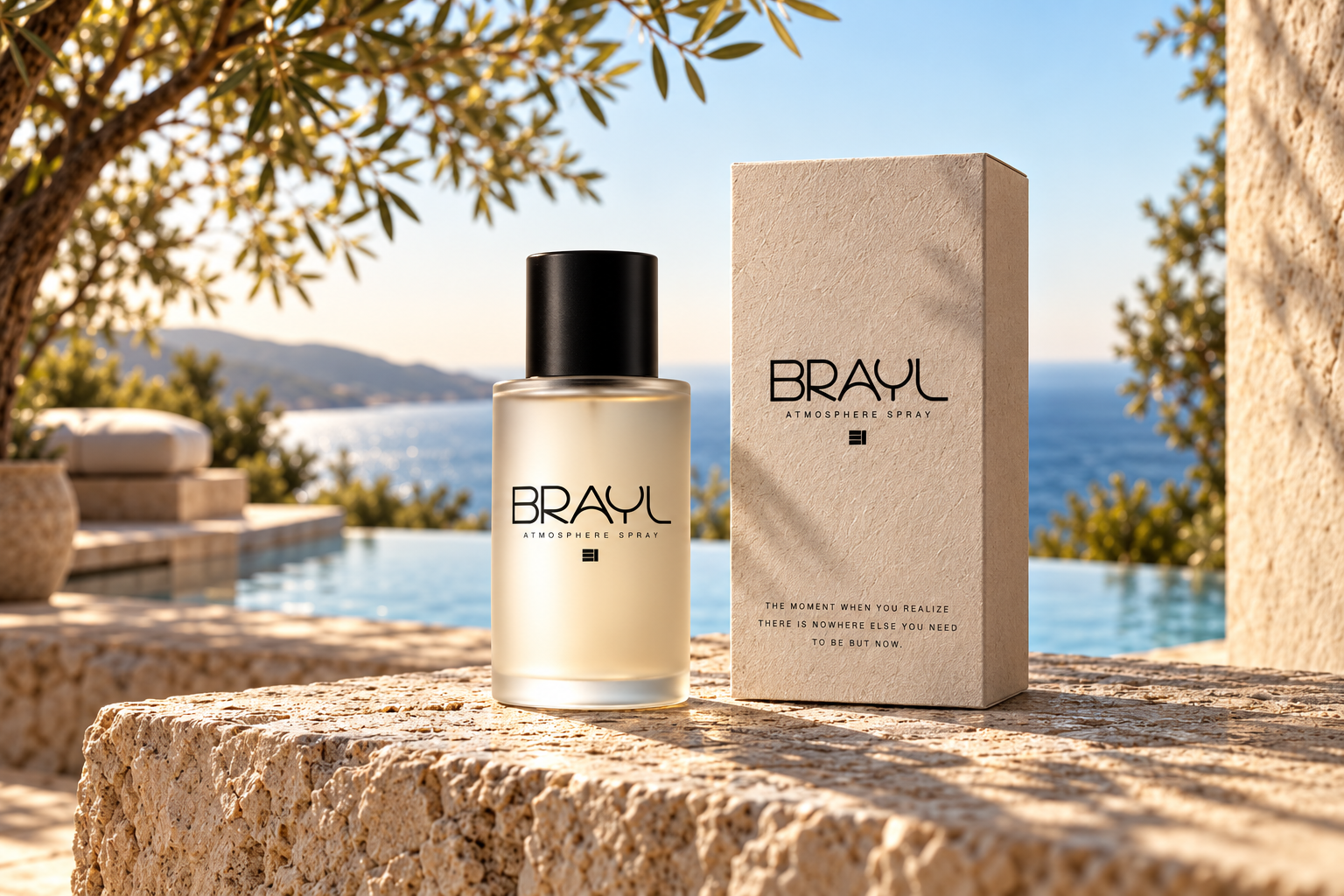 BRAYL atmosphere spray bottle beside its textured stone-colored carton