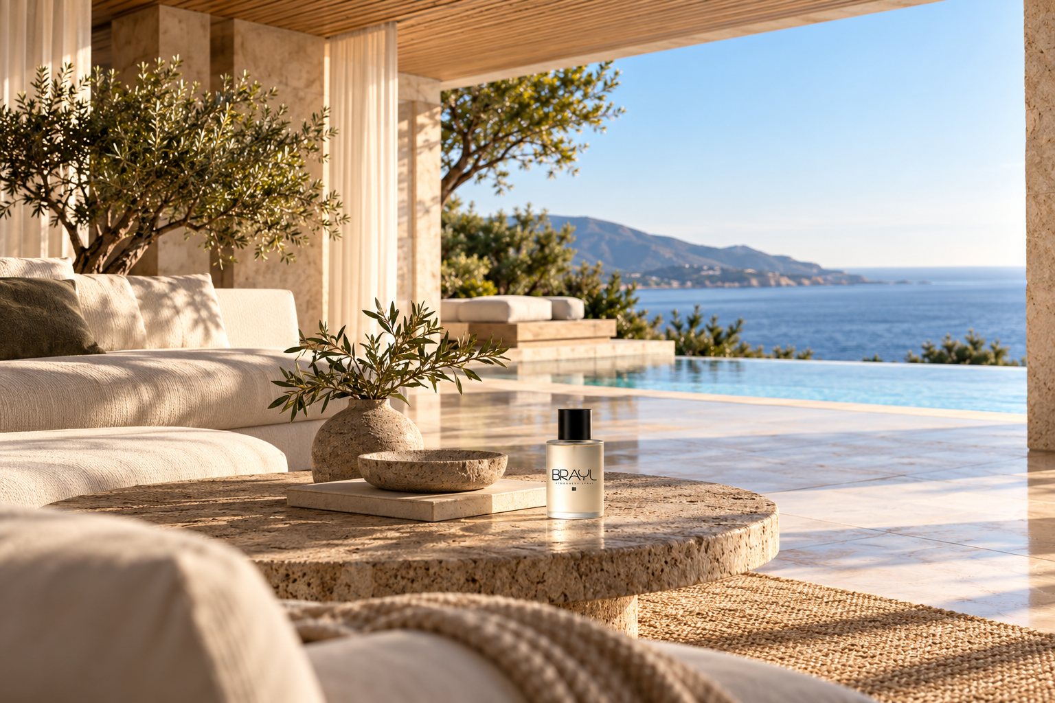 A tranquil coastal living space with natural stone, olive branches and a small BRAYL bottle