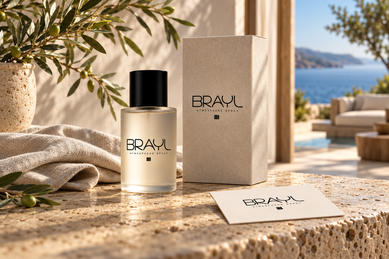 BRAYL bottle, carton and brand card arranged with natural linen in a coastal room