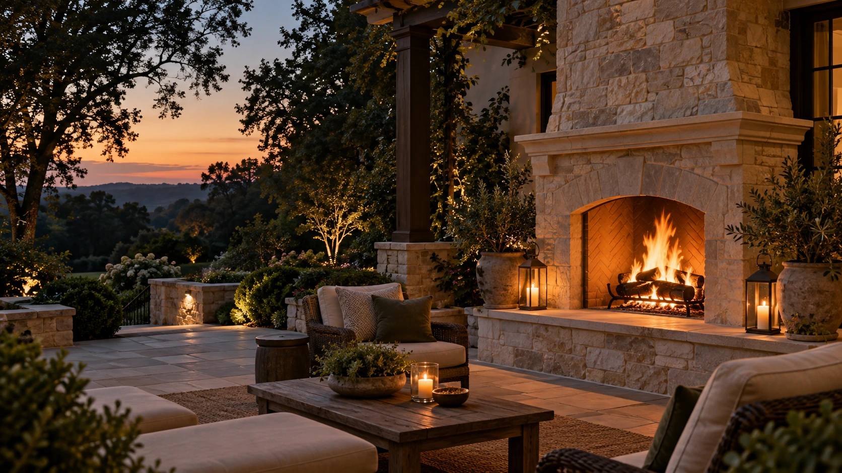Illustrative outdoor fireplace construction scene