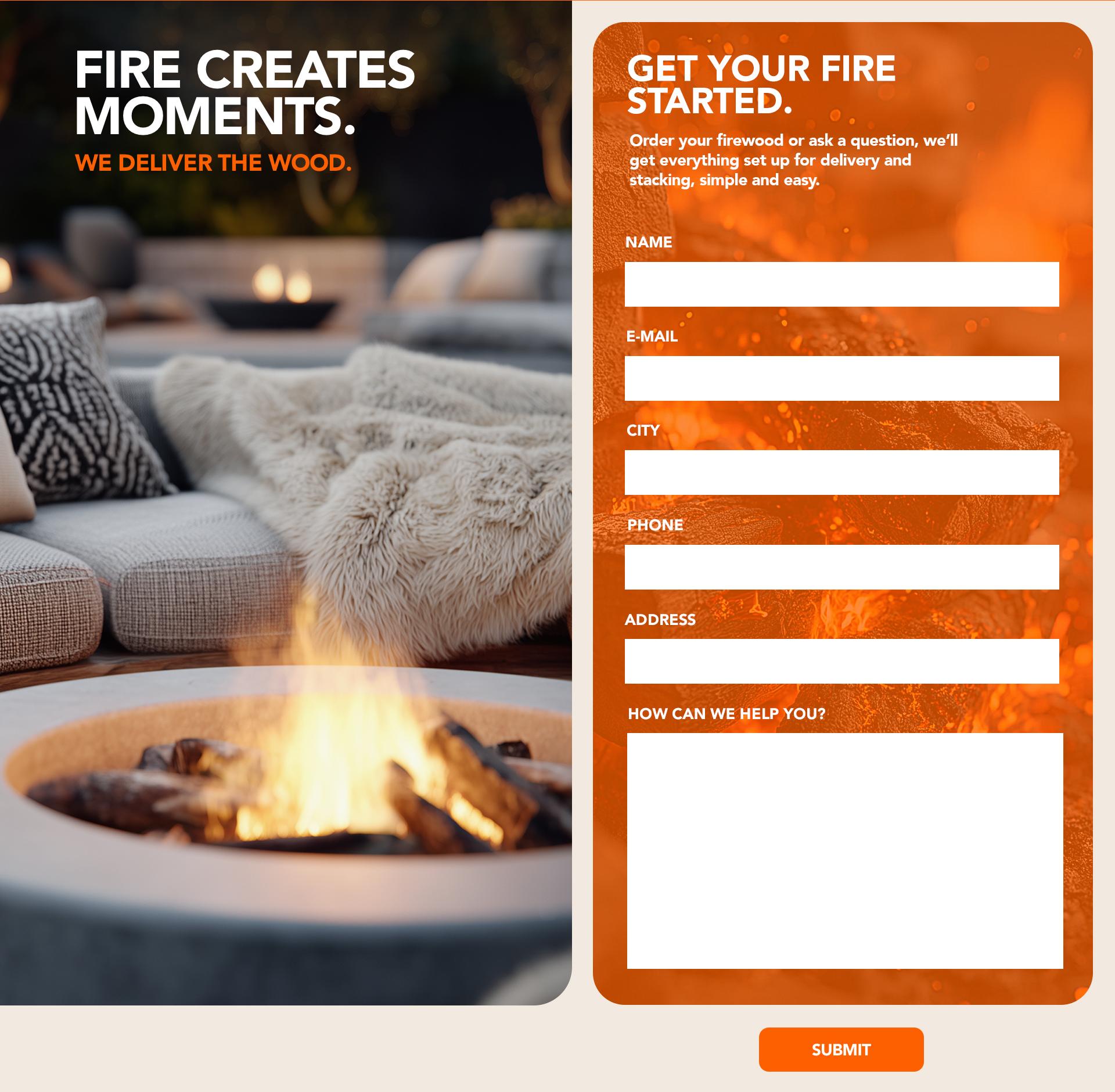 Richmond Firewood homepage request form beside the fire pit scene