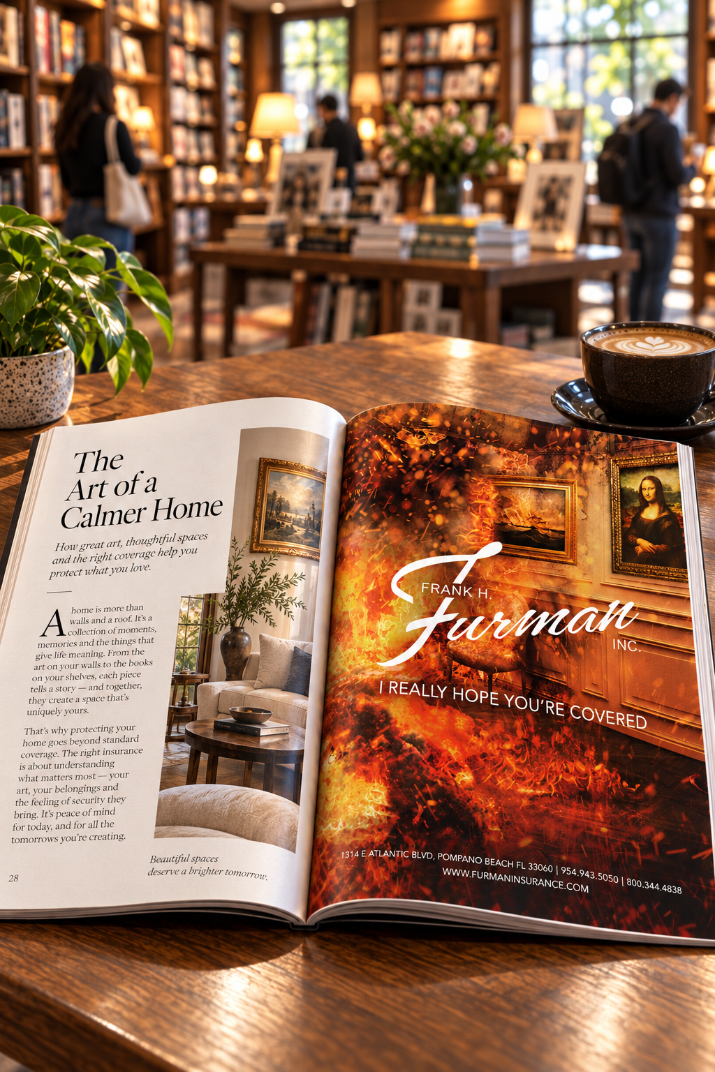 Open magazine in a bookstore with the Furman Insurance full-page advertisement