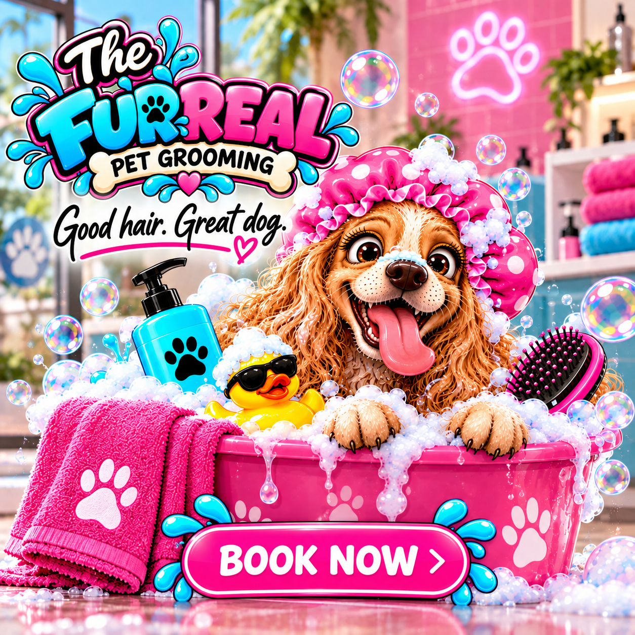 Illustrated FurReal social advertisement with a golden dog in a pink bath, Good hair. Great dog. and Book now