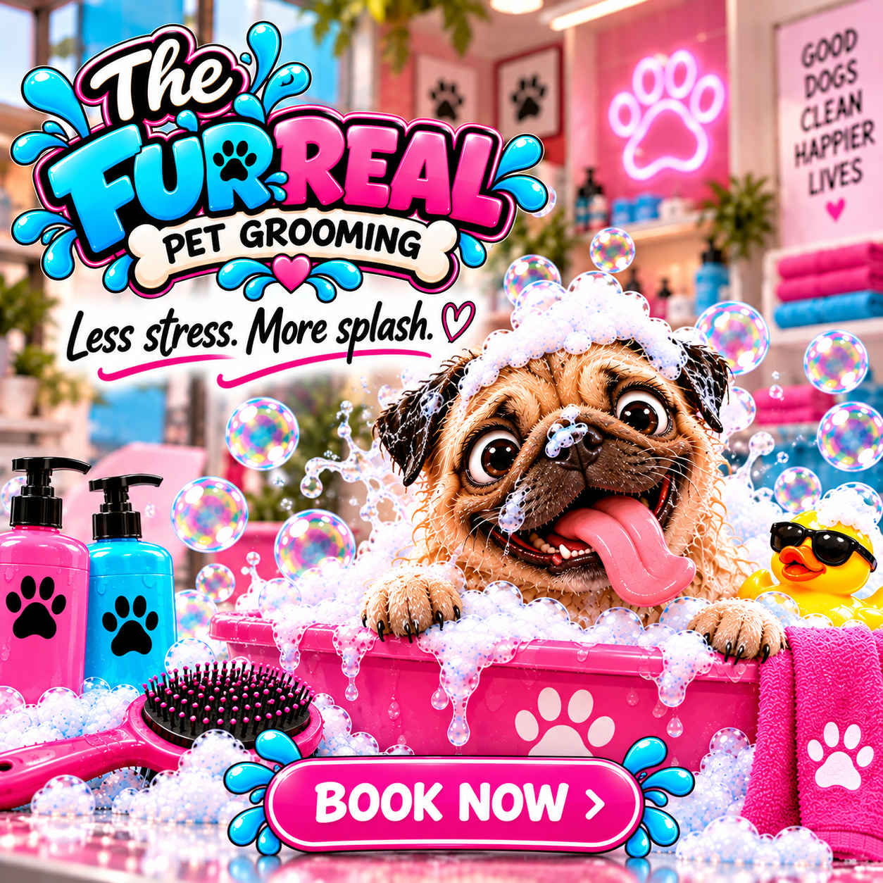 Illustrated FurReal social advertisement with a pug in a bubble bath, Less stress. More splash. and Book now