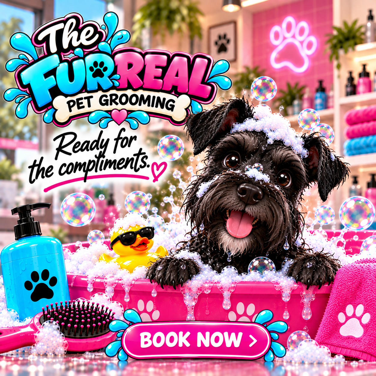 Illustrated FurReal social advertisement with a black schnauzer, Ready for the compliments. and Book now