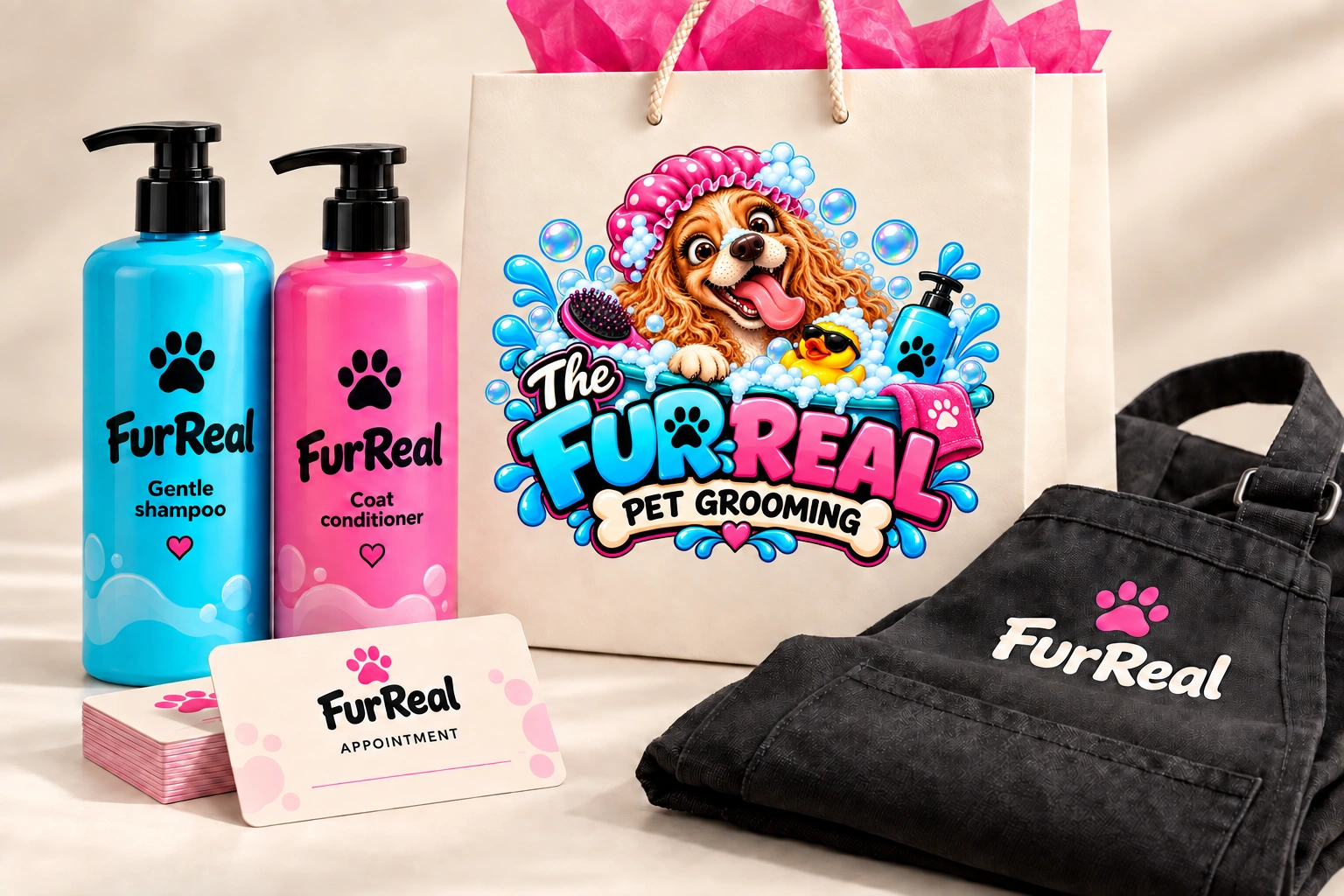 Cyan and pink FurReal grooming bottles, appointment stationery, branded bag and groomer apron