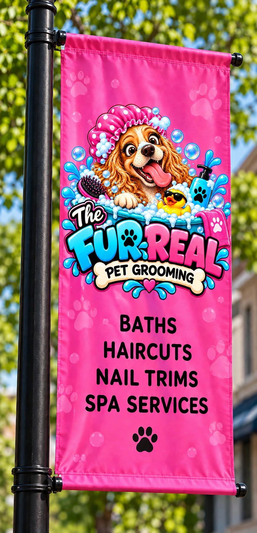 FurReal pink street pole banner with the complete corrected logo and full dog tongue visible
