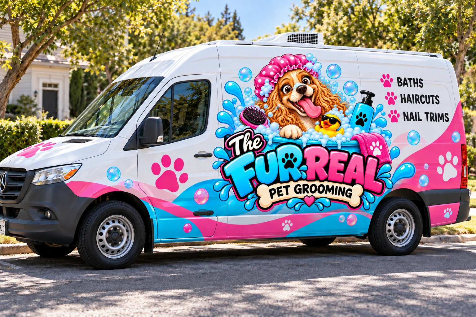 FurReal pet grooming concept van with cyan and pink wrap and original illustrated logo