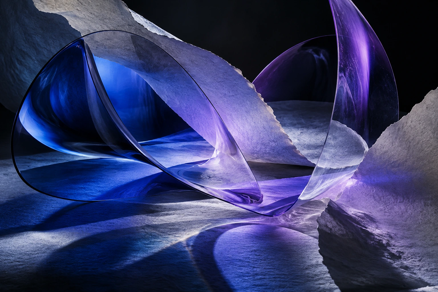 Translucent blue and violet forms meeting a textured surface