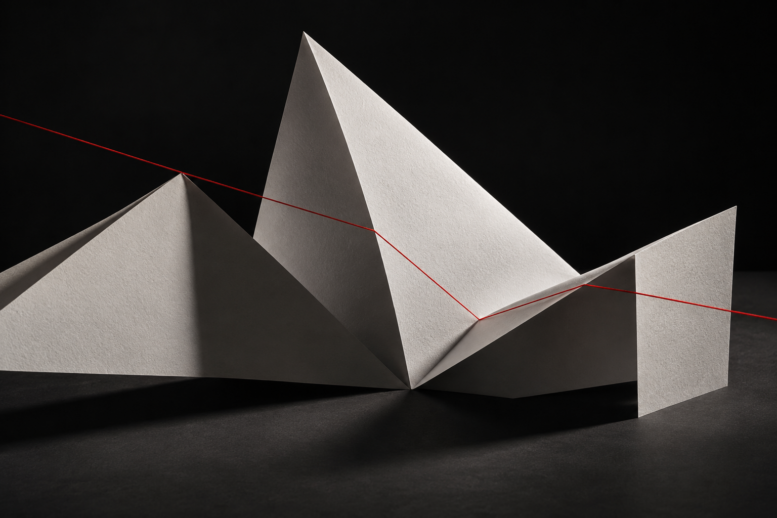 Folded paper forms connected by a fine red line
