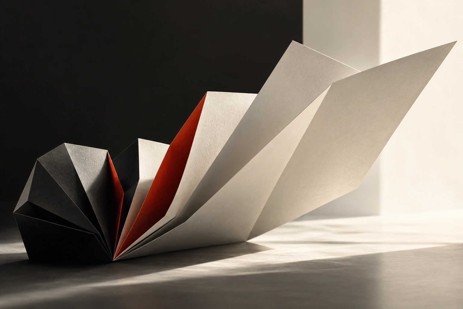 Sculptural paper unfolding toward light
