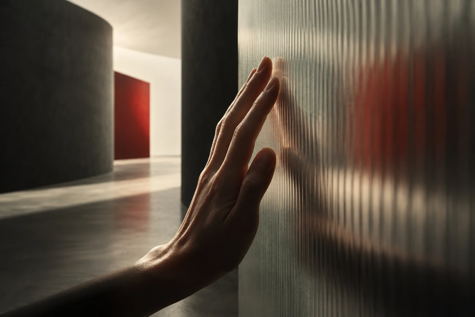 A hand meeting textured glass in warm architectural light