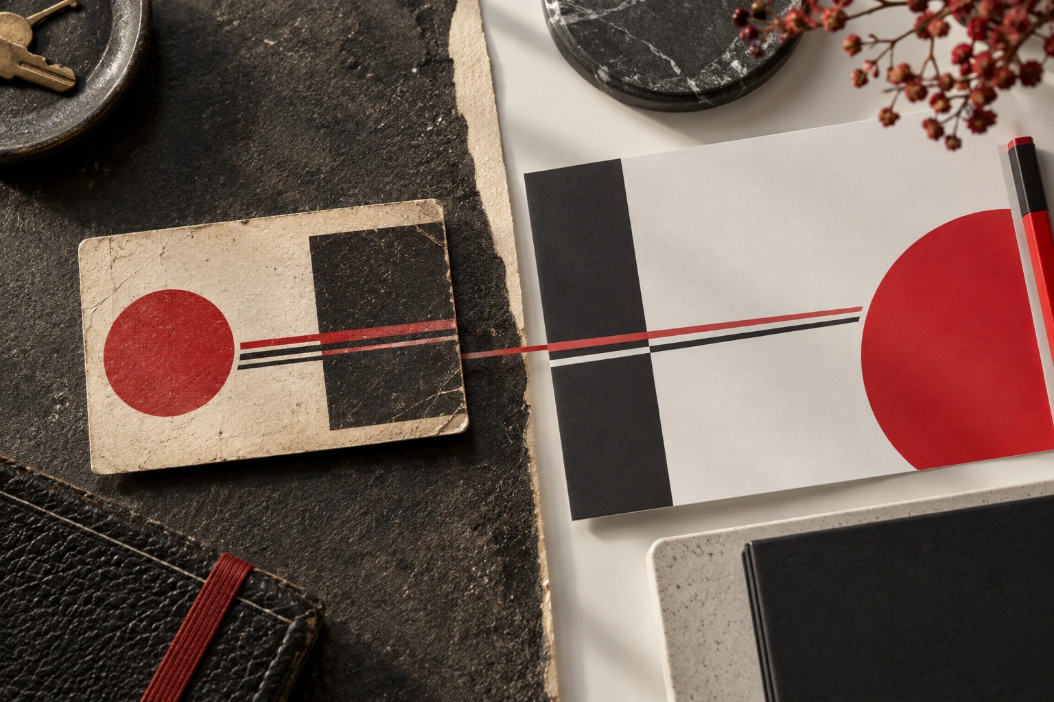 A red line connecting an established visual form to a refined one