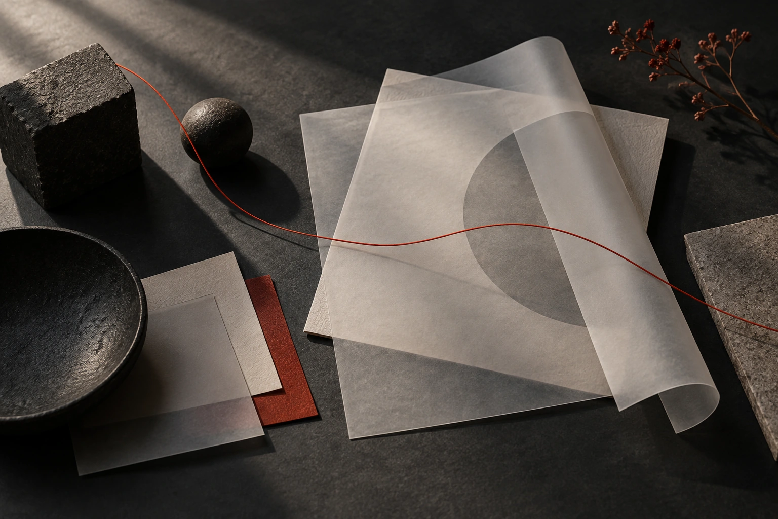 Carefully placed paper forms joined by a quiet red line