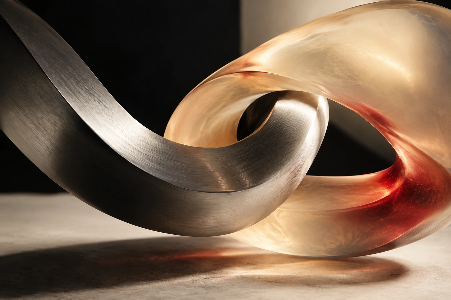 Two sculptural forms meeting in warm light
