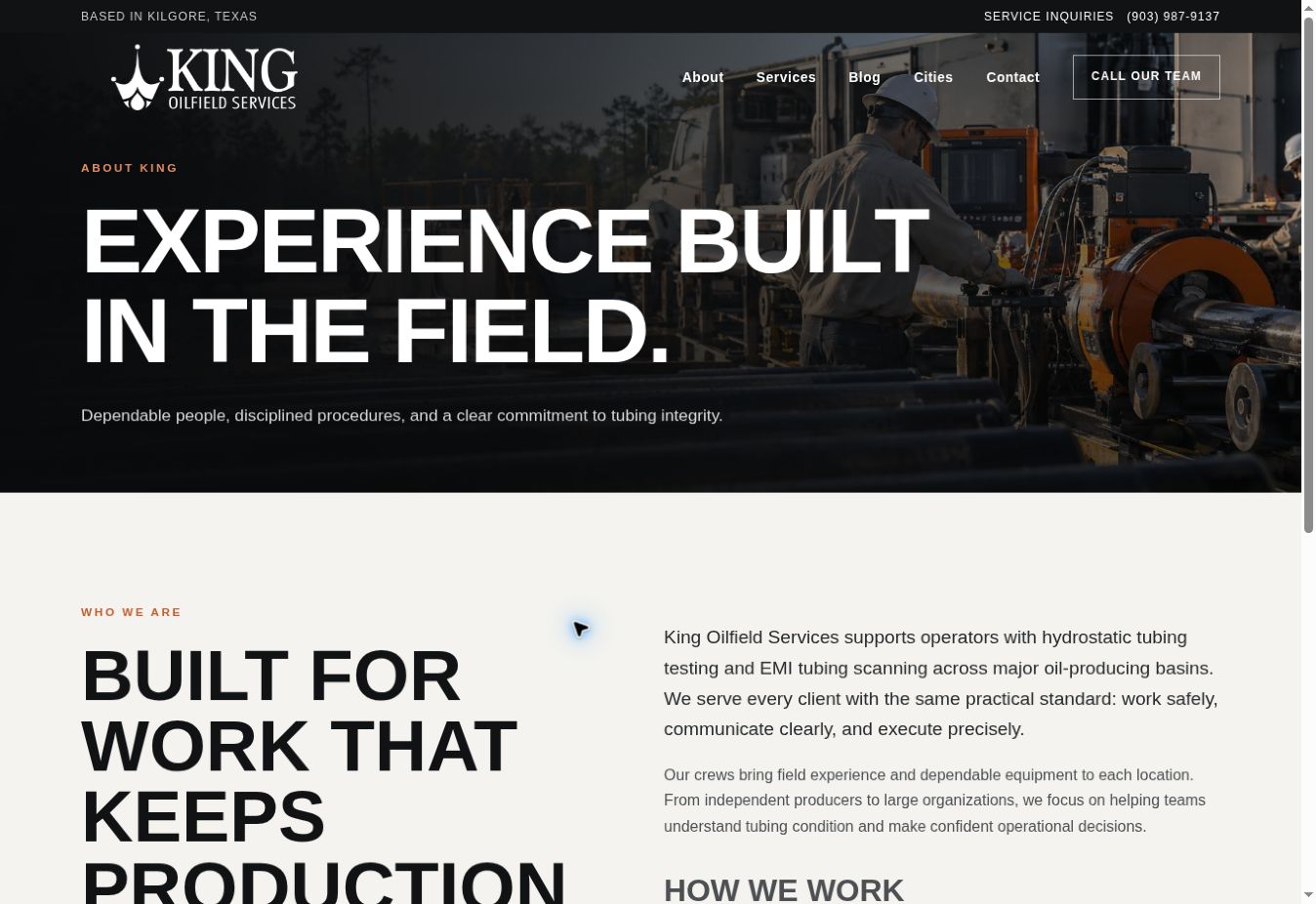King Oilfield Services About page with a large statement about the company