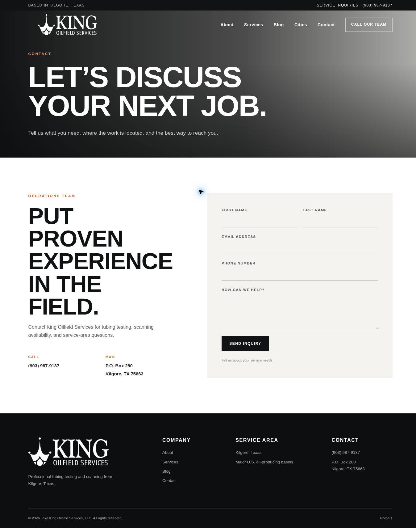 King Oilfield Services contact page and inquiry form