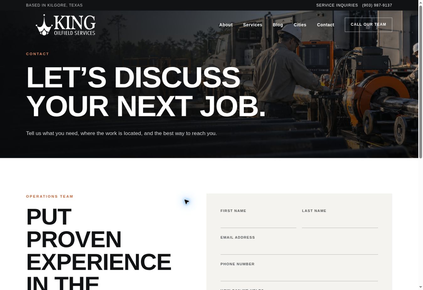 King Oilfield Services contact page showing the inquiry form and company information