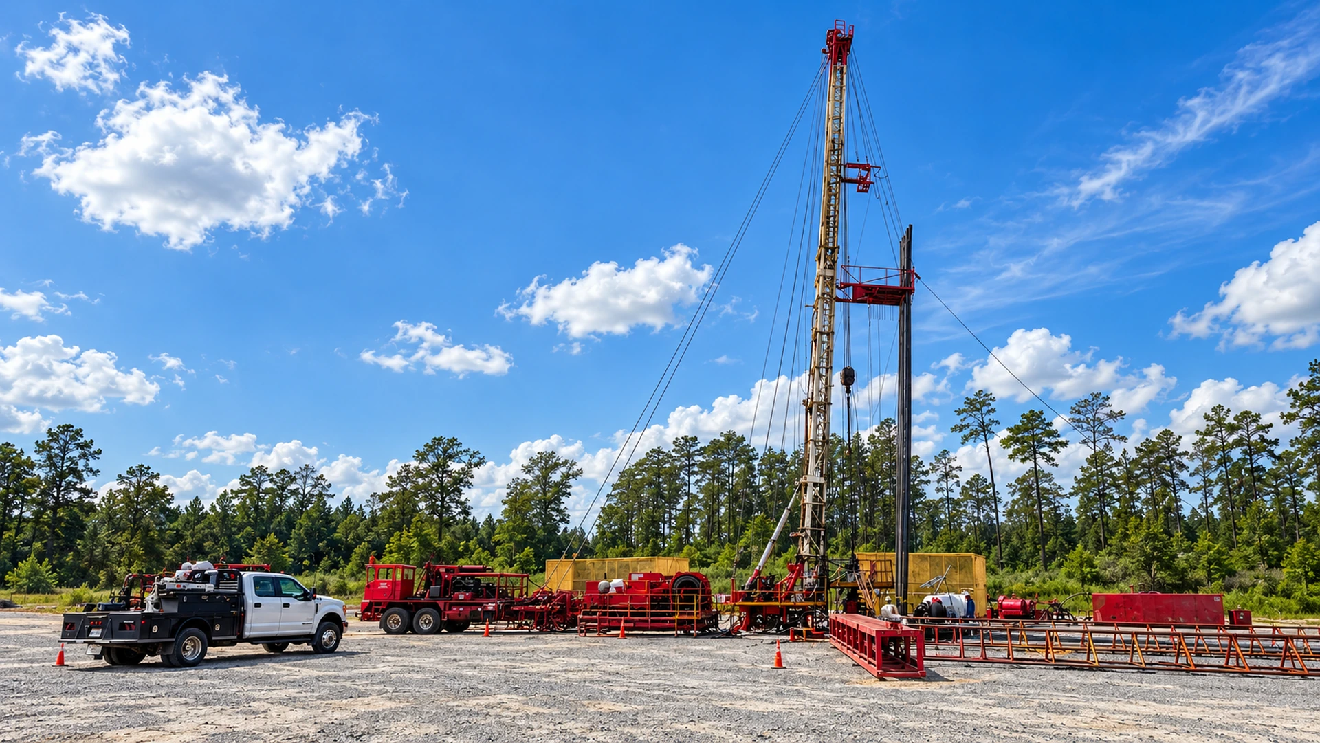 Oilfield service rig and support trucks at a gravel work site