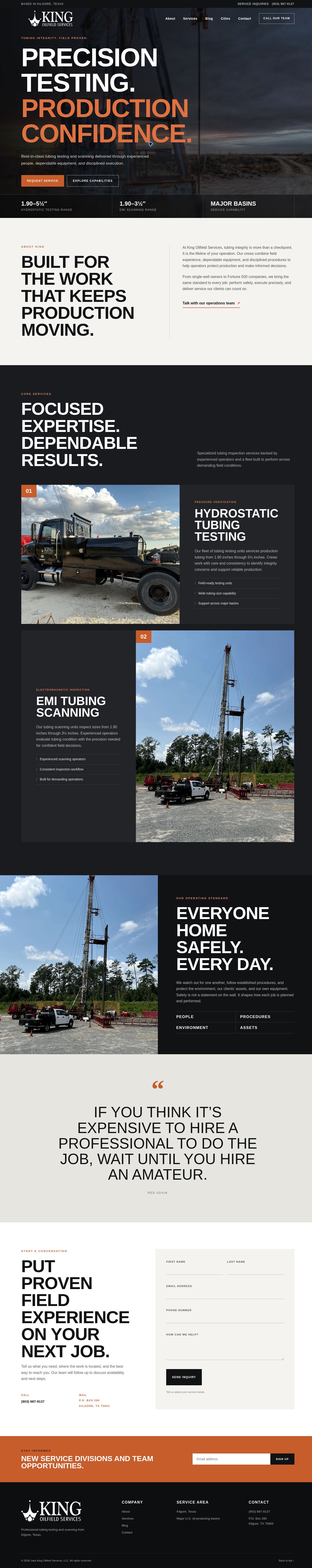 King Oilfield Services homepage presenting tubing testing, EMI scanning, safety, and contact information