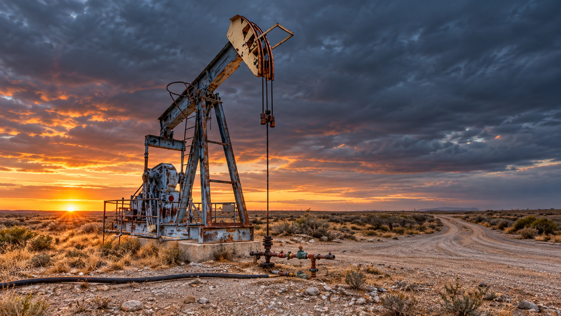 Weathered oilfield pumpjack under a blue and amber sunset sky