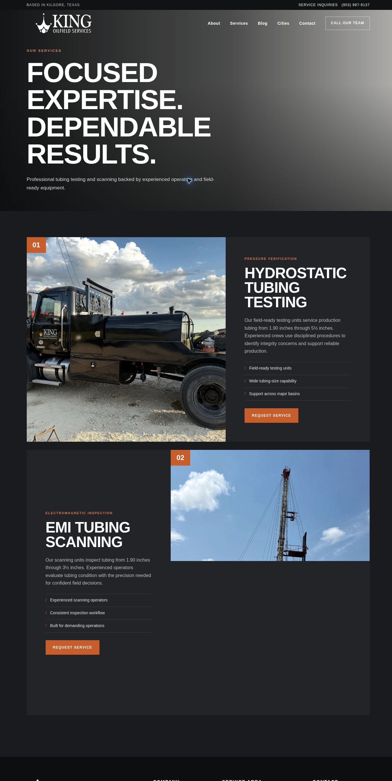 Full-length King Oilfield Services page with hydrostatic testing and EMI scanning
