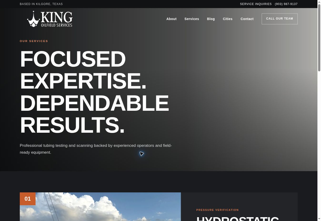 King Oilfield Services page introducing hydrostatic testing and EMI scanning