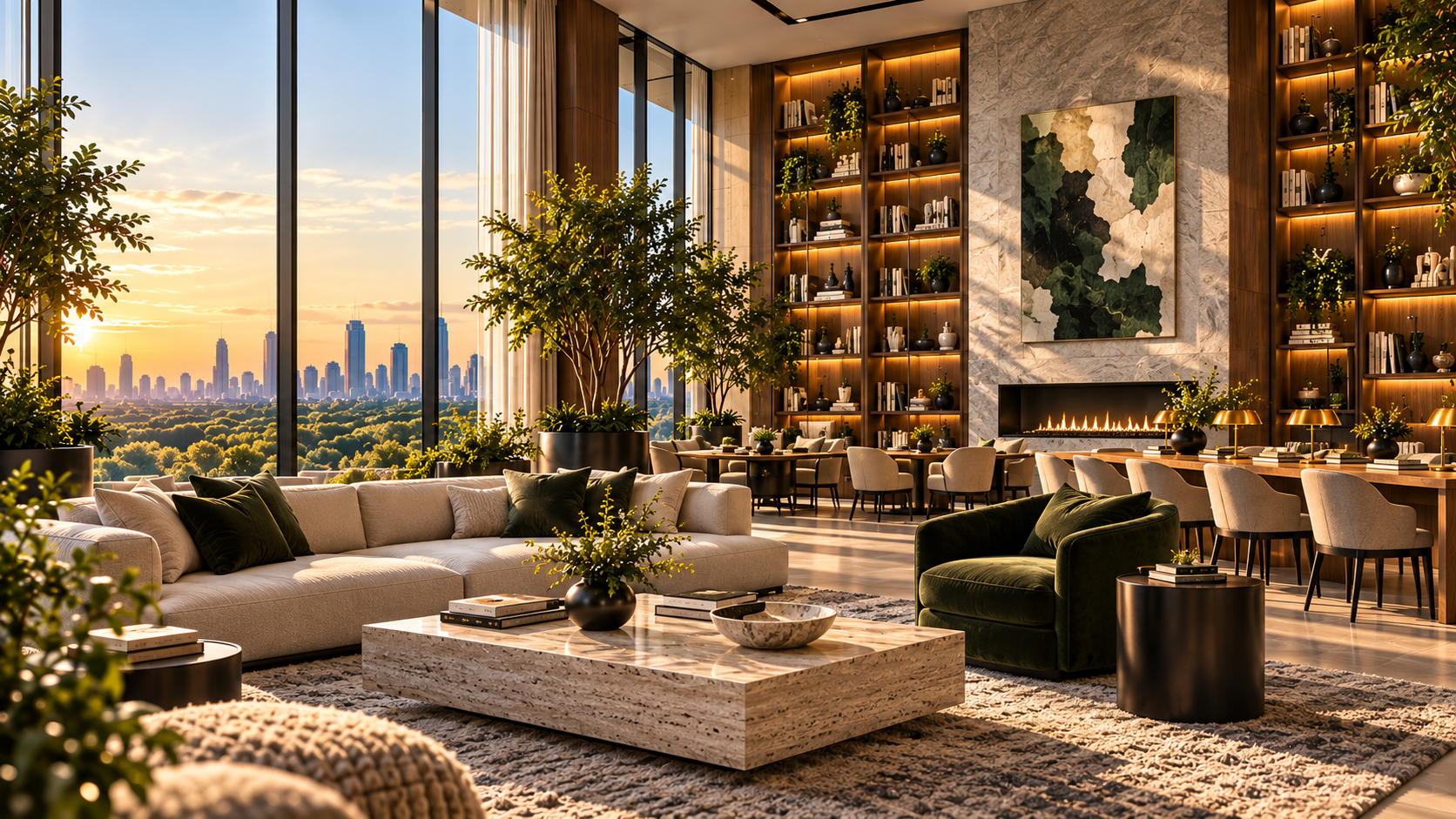 The Nagi Library with walnut shelving, a fireplace, and green lounge seating