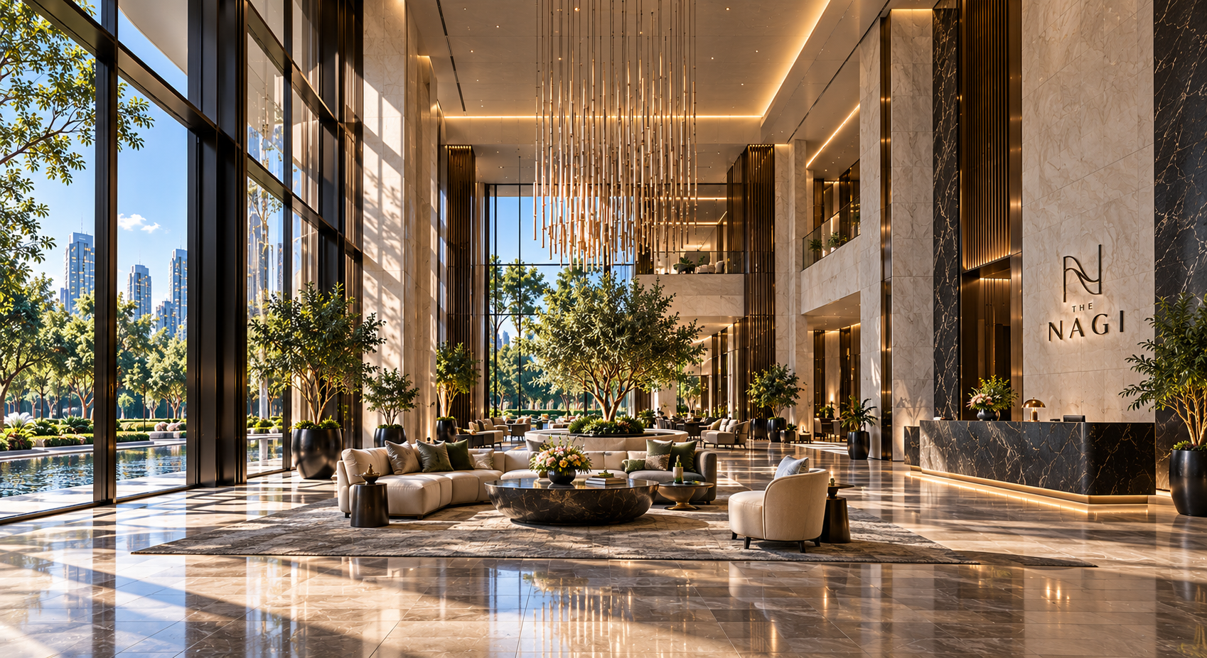 The Nagi double-height lobby with warm stone, bronze, and trees