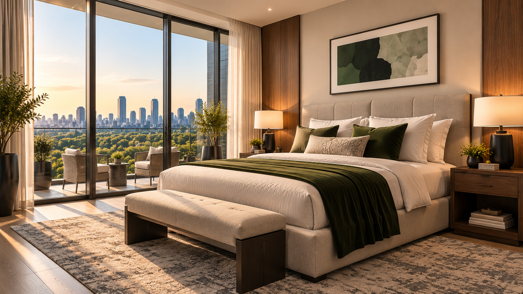 Bedroom concept with green accents, warm wood, and a private terrace view
