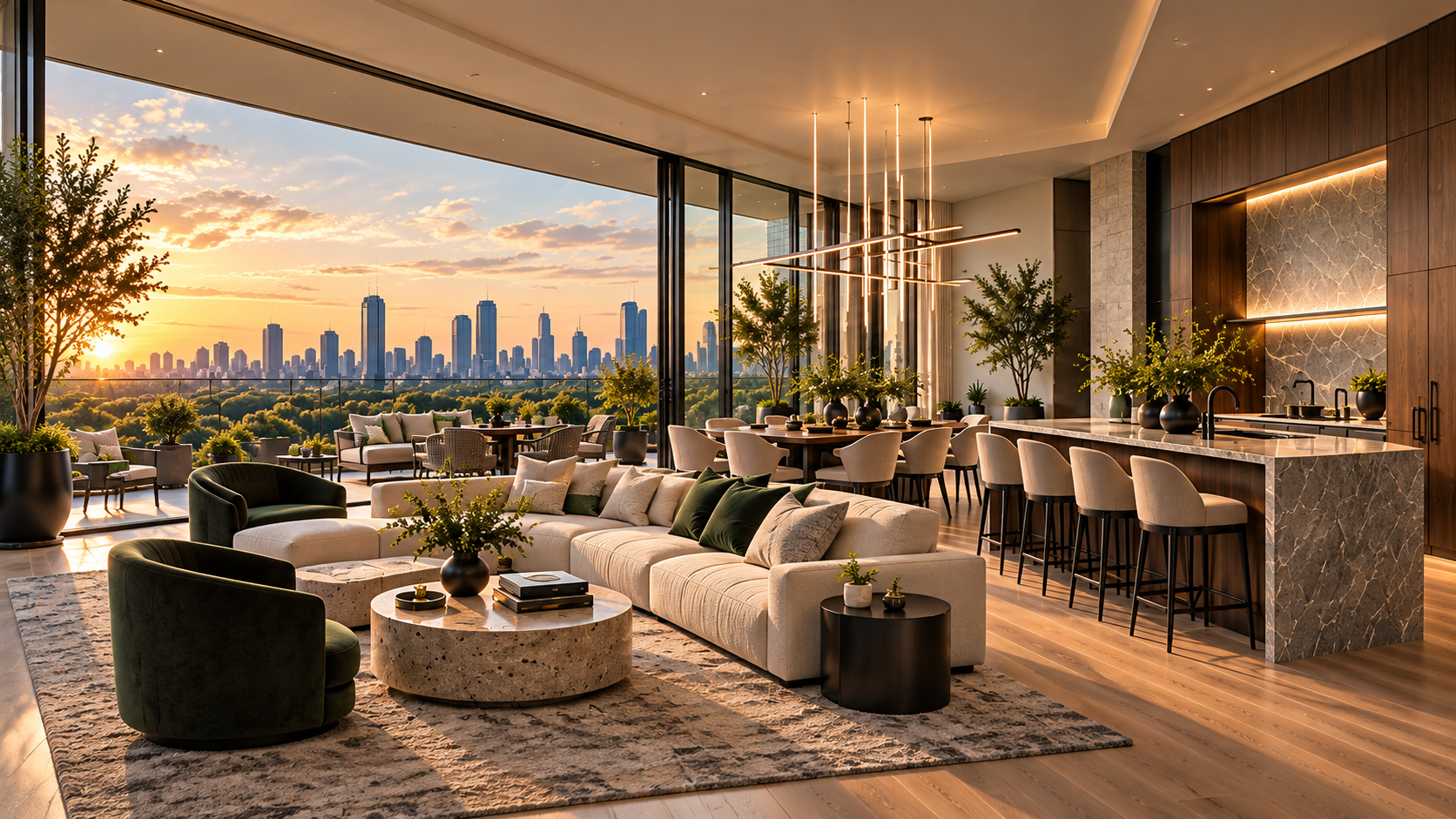 Penthouse living and dining concept opening onto a generous sky terrace