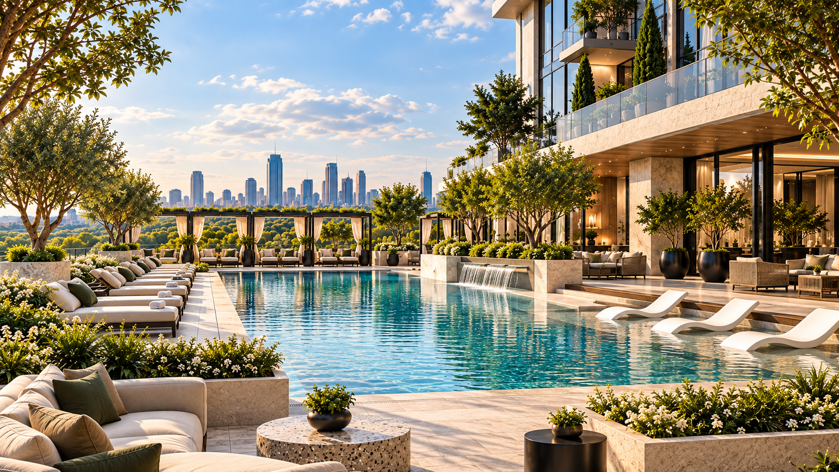 The Nagi Pool terrace with planted borders and city views