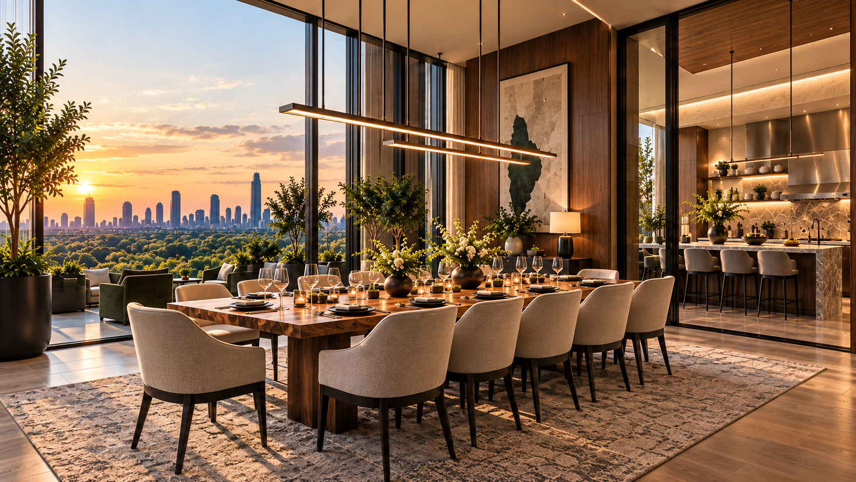 The Nagi Private dining room with a long table, sculptural lighting, and sunset views