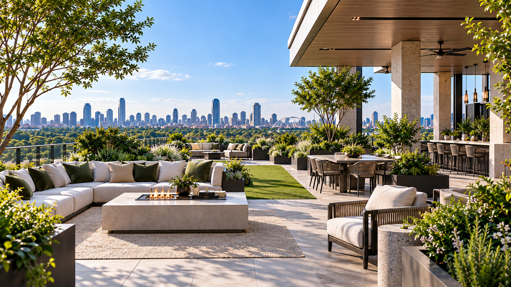 The Nagi Upper-level planted lounge and terrace overlooking Dallas