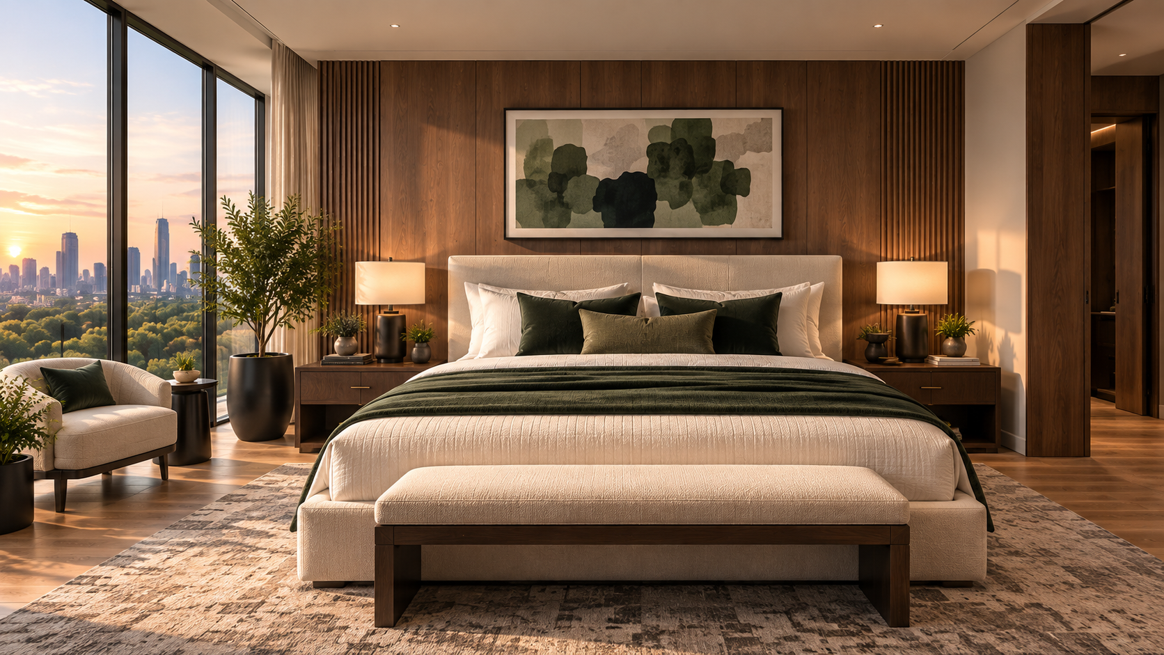 Second bedroom concept with layered natural textures and city views