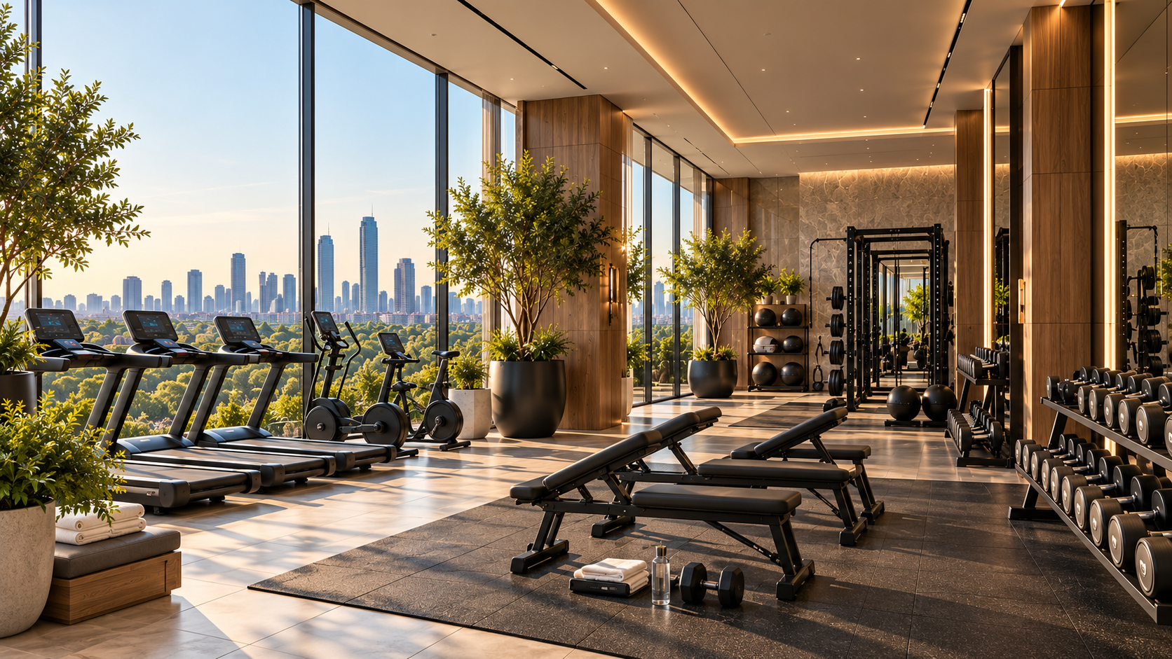 The Nagi Fitness studio with warm wood, bronze, plants, and daylight