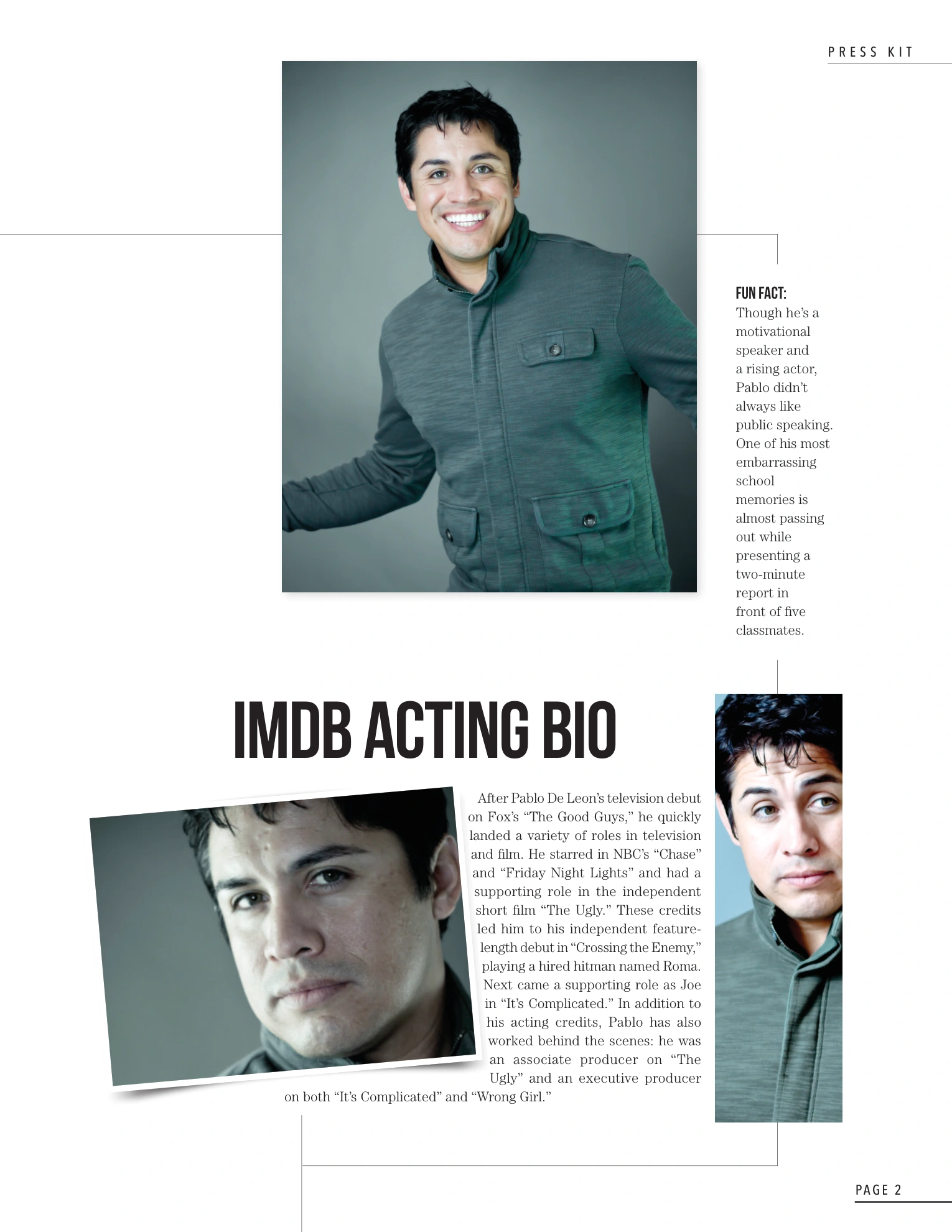 Pablo Deleon press kit, page 3: Acting biography
