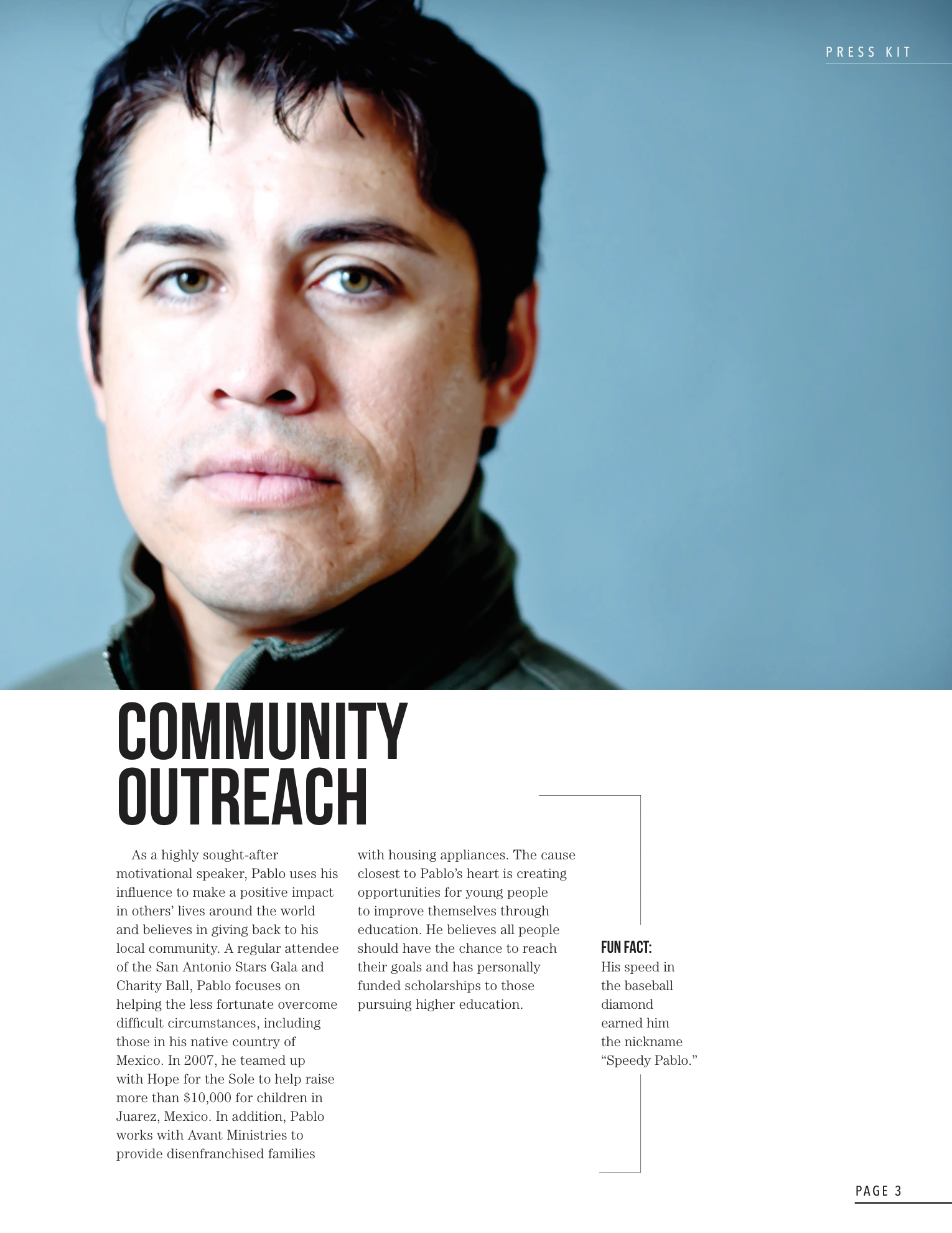 Pablo Deleon press kit, page 4: Community outreach