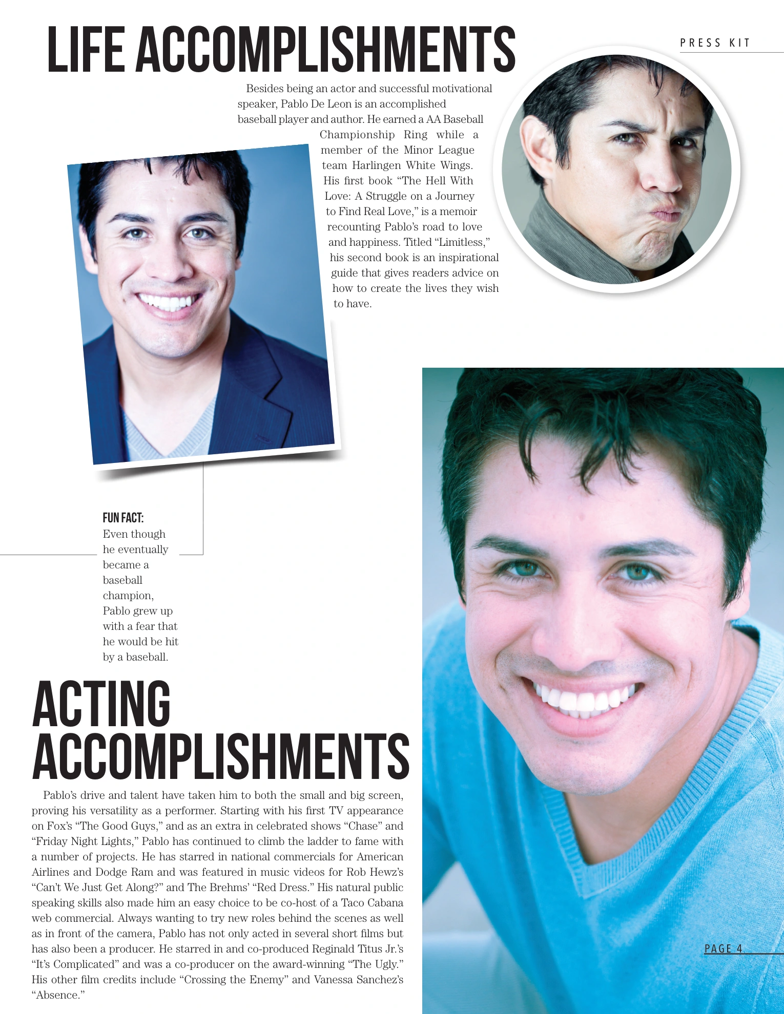 Pablo Deleon press kit, page 5: Accomplishments