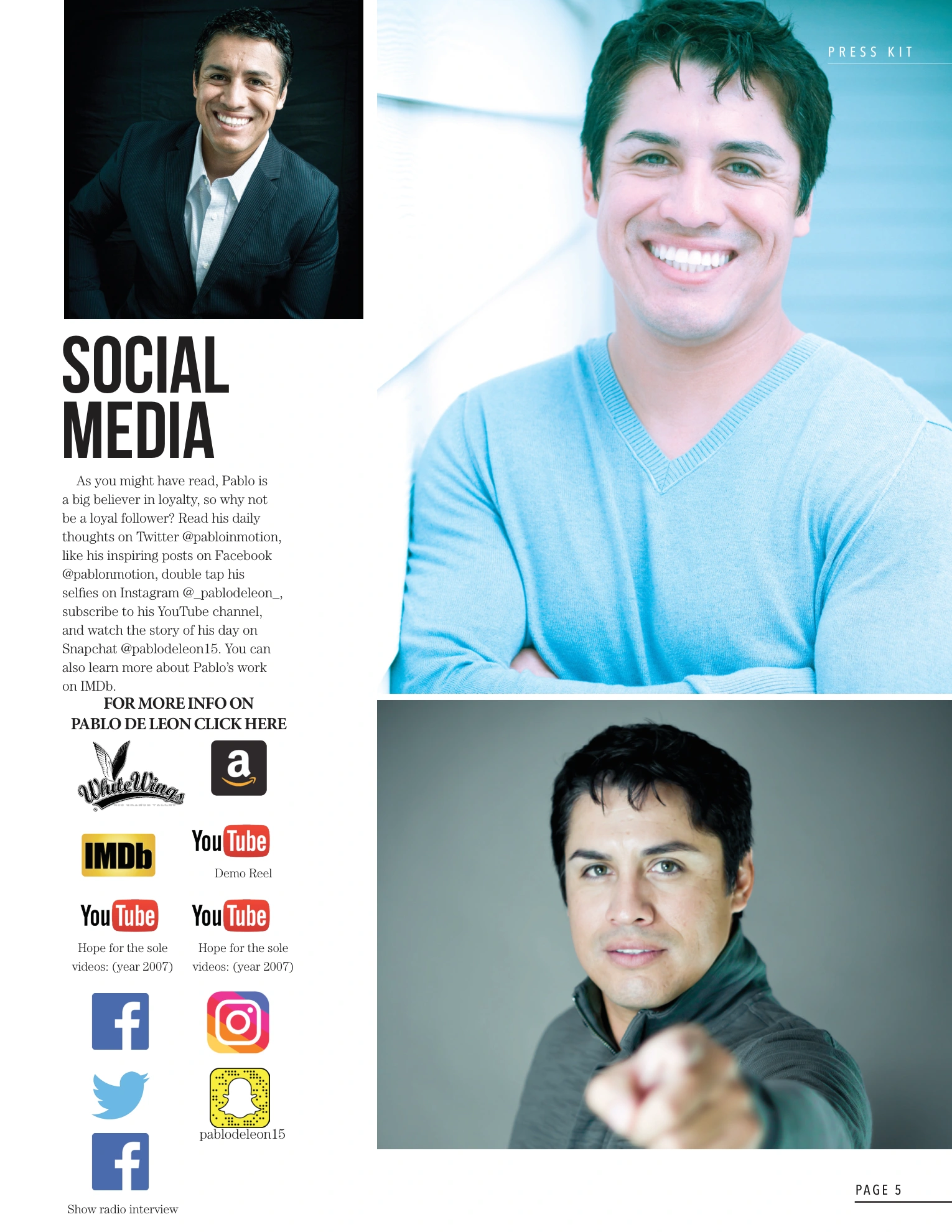 Pablo Deleon press kit, page 6: Social media