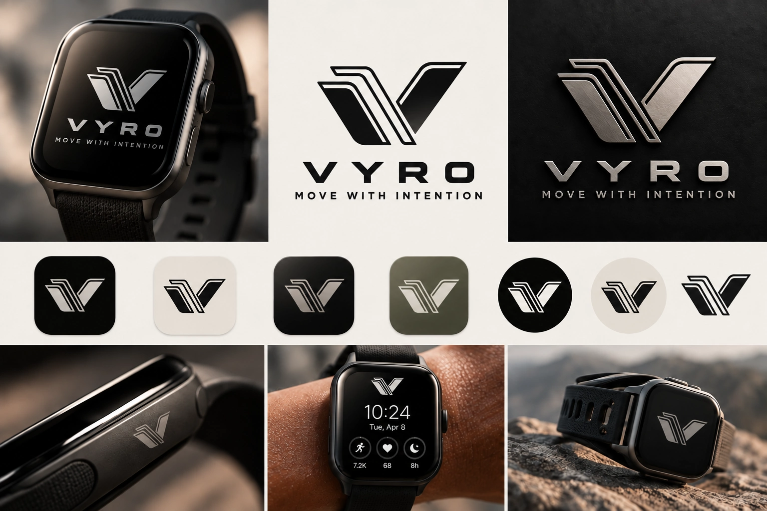 VYRO wearable brand presentation with watch face, case detail and signature applications