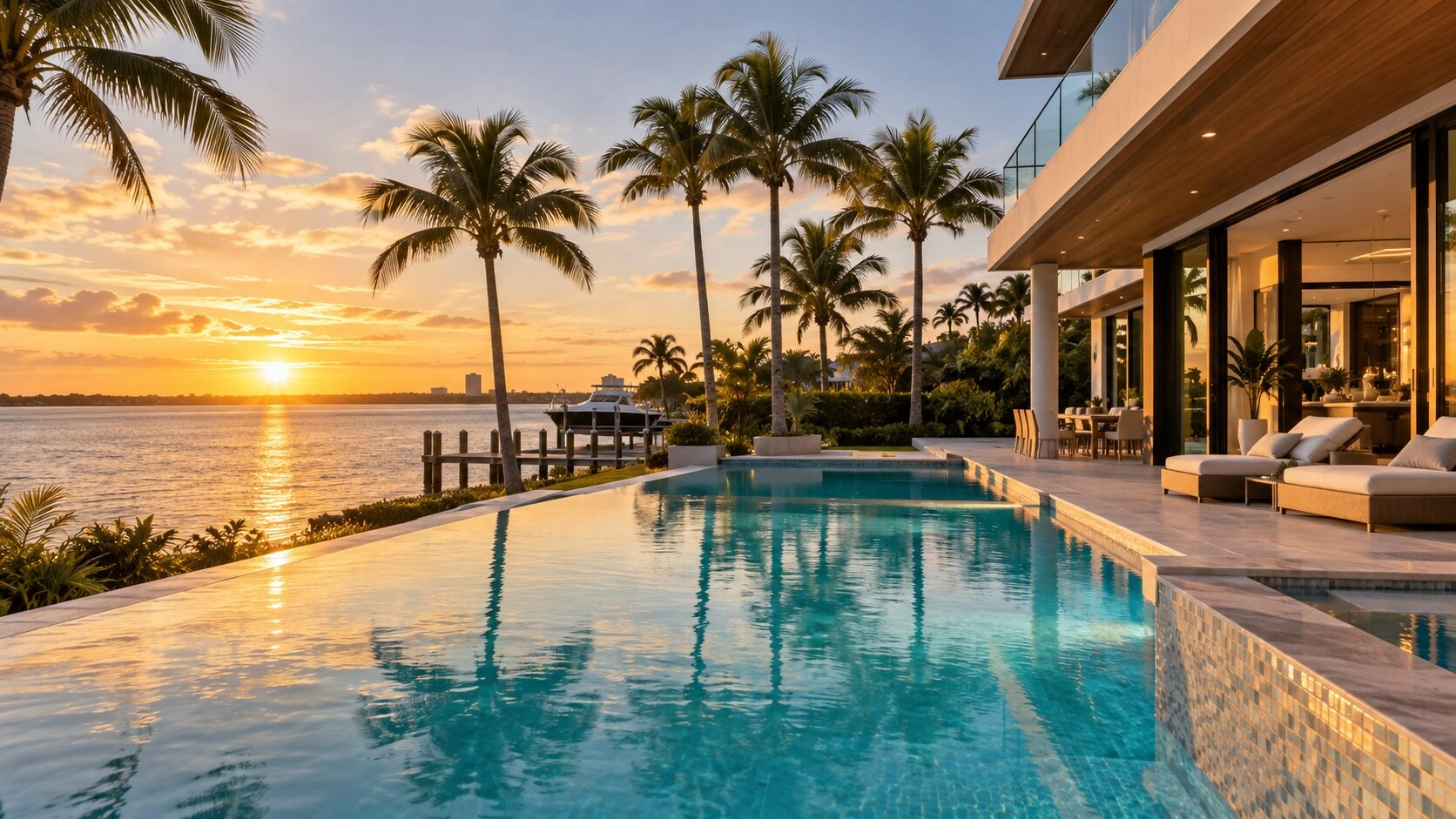 Modern Florida waterfront home and swimming pool at sunset