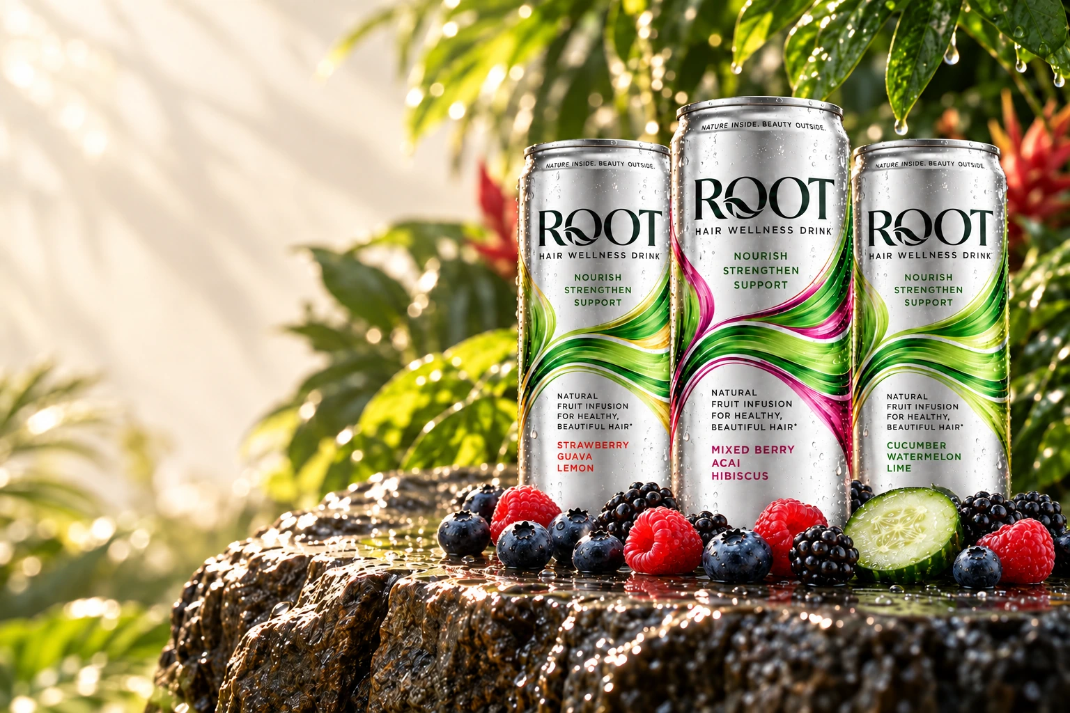 Three ROOT flavors set on a wet stone ledge among tropical leaves