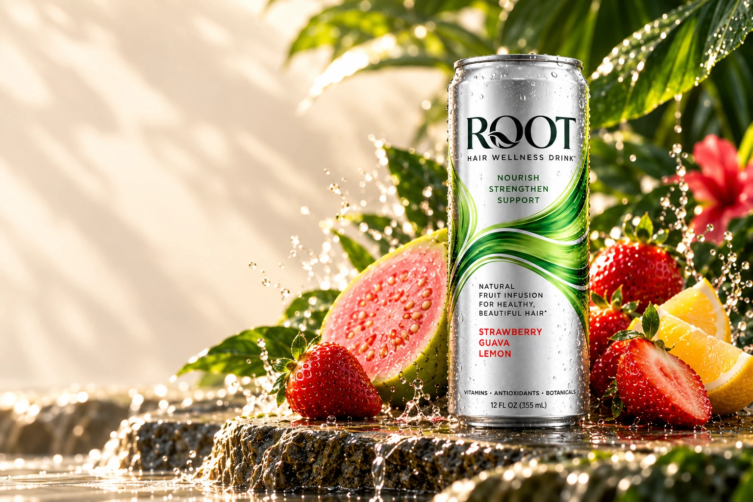ROOT Strawberry Guava Lemon can beside fresh fruit on a sunlit wet stone ledge