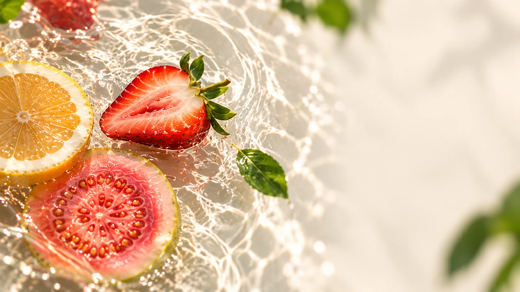 Fruit floating in sparkling sunlit water