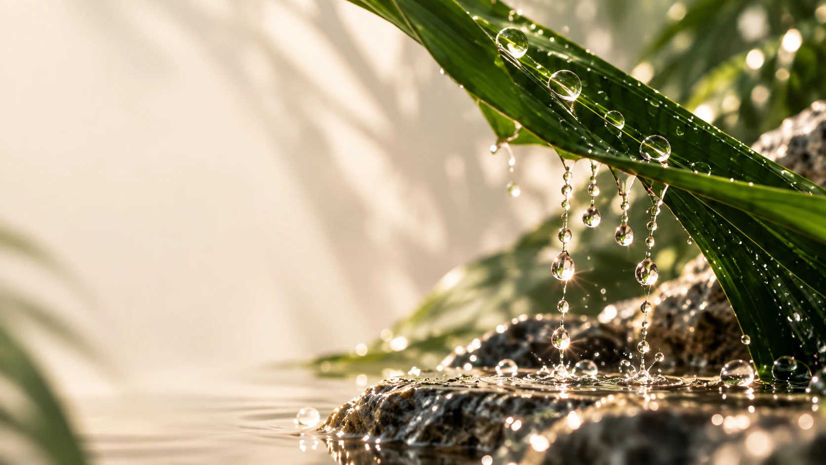 Water droplets falling from a glossy green leaf onto stone