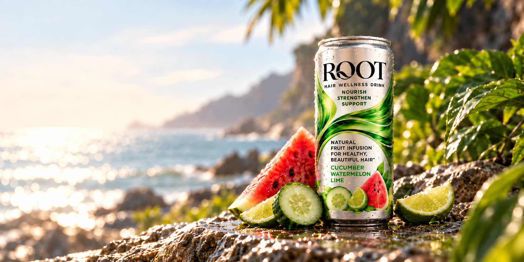ROOT Cucumber Watermelon Lime can on wet stone beside fresh watermelon and cucumber