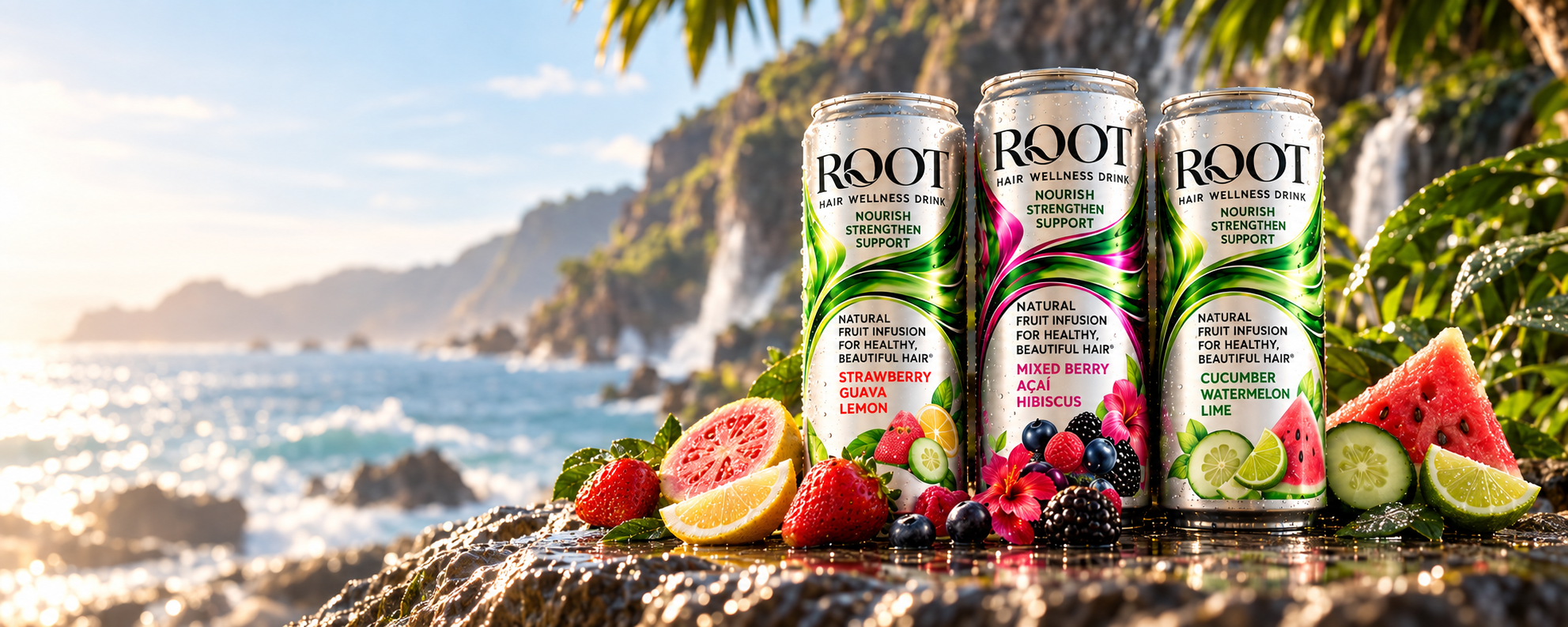 Three ROOT Hair Wellness Drink flavors with fruit on a wet stone ledge by the coast